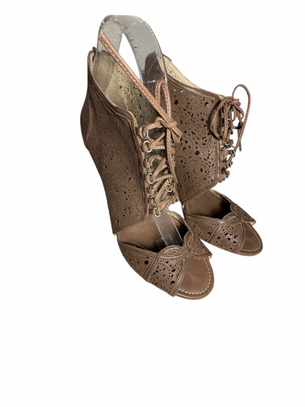 Bernardo Farfalla Brown Leather Laser-Cut Peep Toe Lace-Up Sandals Sz 9.5